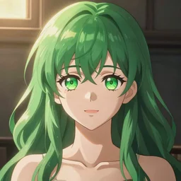 anime girl with green hair, full head and hair in shot
