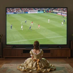 romantic painting, wide shot of a lone figure in fancy dress watching an enormous television screen playing a football game, highly detailed, sublime, hyperrealistic, painted by caspar david friedrich and albert bierstadt, trending on artstation 8 k