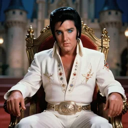 sharp, detailed, color film of elvis sitting on his throne in his castle, atmospheric lighting, in focus, blue reflective eyes, 3 5 mm macro lens, nice composition, hyper real, photorealistic, octane render, artstation, award winner
