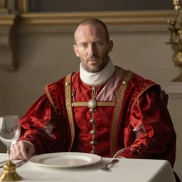 jason statham cast as dijkstra in the witcher netflix series wearing soft red fabric aristocratic clothing, large outfit, royal attire, sitting at dining table,
