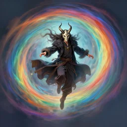 a slender wizard with horned mask levitating inside a wind twister colored like the rainbow, art by greg rutkowski, by ilya kuvshinov, digital art, artstation, detailed, realistic, long hair