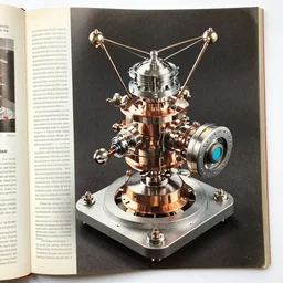 vintage magazine page about a quantum machine. sci-fi. detailed. high quality.
