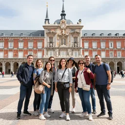 a group of tourists taking picture of each corner in madrid