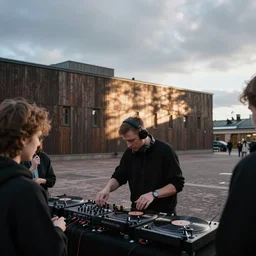 a photo of a dj teaching how to scratch vinyls to a few students, overcast light, finnish architecture