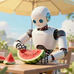 a robot cutting watermelon under a sun umbrella on a summer day, sharp focus, smooth, featured in artstation, digital painting, concept art, cinematic lighting, illustration, art by alphonse mucha, greg rutkowski