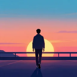 a man walking towards a sunset, style of vaporwave