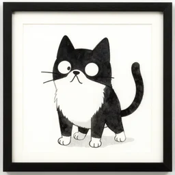 a black and white rowdy cat in the style of adventure time. watercolors. framed