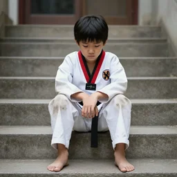 sad lone asian kid wearing dirty taekwondo uniform sitting on stairs outside gym, cradle pose, centered