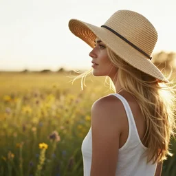 cinematic, golden hour, backlit, over the shoulder photograph of a beautiful blonde woman in a white tank top, wearing a large wide brim straw hat, looking into the distance at wildflowers, windy, bokeh, tilted angle, iphone 5 photo