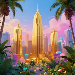 golden city in a vaporwave jungle, 4k, ultra realistic, colorful, award winning photograph