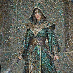 photograph of a real-life beautiful assassin with ornate malachite robes and daggers.  Extremely detailed. 8k