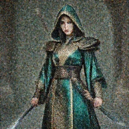 photograph of a real-life beautiful assassin with ornate malachite robes and daggers.  Extremely detailed. 8k