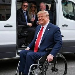 donald trump in a wheelchair next to van, group of people, photograph, happy, high resolution, high quality, beautiful face, attractive
