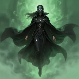 a highly detailed illustration of plague doctor mask wearing woman, wearing black robe, eerily floating with cape in the wind pose, surrounded by green mist background, intricate, elegant, highly detailed, centered, digital painting, artstation, concept art, smooth, sharp focus, league of legends concept art, WLOP