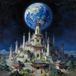 advanced ancient japanese magitek city on the moon with blue marble earthrise visible above, touhou gensokyo art by oskar shlemmer james jean rembrandt kawase hasui romantic oil on canvas matte shimmer artstation