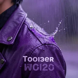purple rain splashing of the leather shoulder, close up shot, high definition, award winning