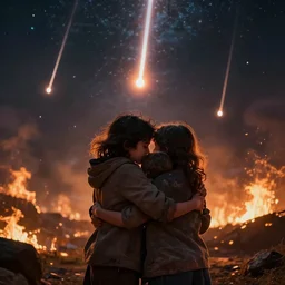 “A family hugging each other for the last time as the world is ending, meteors are falling from the sky, everything is on fire, dramatic lighting, digital art, beautiful, 8K, dark lighting, trending on Artstation, award winning”
