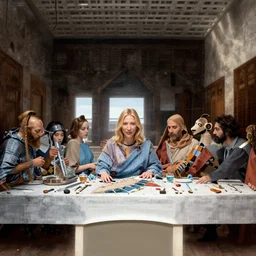 cate blanchett as Jesus in the last supper by Leonardo davinci