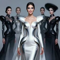 a beautiful arabian woman wearing a futuristic dress by alexander mcqueen, thom browne, karol bak, ayami kojima, artgerm, arabian beauty, blue eyes, smile, concept art, fantasy