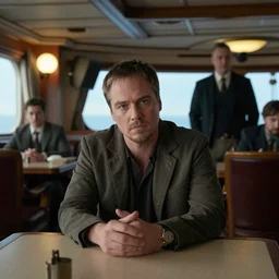 movie still of PewDiePie sitting at a table, titanic ship interior, directed by Quintin Tarantino