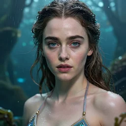 emilia clarke as khaleesi wearing a magical bikini in an underwater magical forest, highly detailed face, realistic face, rain drops on face, beautiful detailed eyes with a piercing gaze, fantasy art, in the style of artgerm, illustration, epic, fantasy, intricate, hyper detailed, artstation, concept art, smooth, sharp focus, ray tracing, vibrant, photorealistic