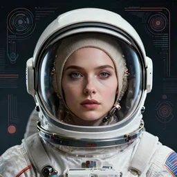 retrofuturistic portrait of a woman wearing an astronaut helmet, space graphics art in background, close up, quint buchholz, wlop, dan mumford, artgerm, liam brazier, peter mohrbacher, raw, featured on artstation, octane render, cinematic, elegant, intricate, 8 k