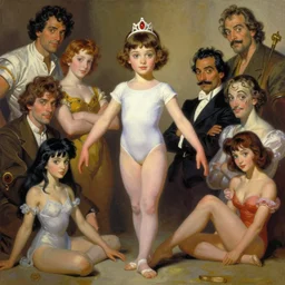 Worksafe, fully clothed. Painting of young, gentle and cute girl, posing in leotard and tiara, by Frank Frazetta, Boris Vallejo, Larry Elmore, Julie Bell, Keith Parkinson, Salvador Dali, Hajime Sorayama, Ayami Kojima and lyde Caldwell, trending on ArtStation.