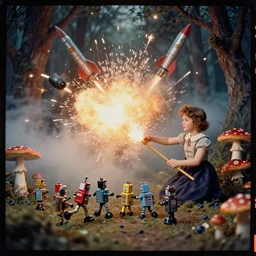 kodak portra 4 0 0, wetplate, muted colours, blueberry, 1 9 3 0 s style, motion blur, portrait photo of a backdrop, explosions, rockets, bombs, sparks, fighting tin toy robots in a magic lit forest full of fly agaric, haze, fog, by georges melies and by britt marling