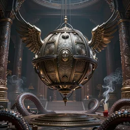 an immaculate render of a complex metallic sphere spawning cables and bird wings, floating in a temple surrounded by wild tentacles made from mandalas and incense smoke, full body, perfect face, powerful, cinematic, beautifully lit, by vitally bulgarov, by greg rutowski, by karol bak, 3 d, trending on artstation, octane render, 8 k