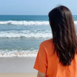a photo taken behind a woman looking at the ocean, wearing the same exact colors as the waves in the background, 8 k