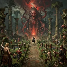 doom eternal concept art by jakub rozalski, garden of eternal delights hell by hieronymus bosh, triumph of death by pieter brueghel, doom eternal by hieronymus bosh, sharp focus panorama
