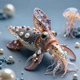 incredibly realistic, too detailed sculpture, Styracosaurus squid, made of lab tissue, carbon fibers, real pearls, jellyfish gelatin, octane render, bump mapping, macro image, global illumination, 8k, bokeh