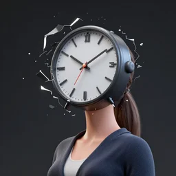 3 d render of woman with a clock head fracturing through time rendered in unreal engine 5, blender