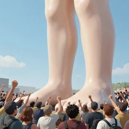 crowd rage against an enormous huge ( ( ( leg ) ) ) on stage in vienna, shot on kodak portra 4 0 0 3 5 mm film