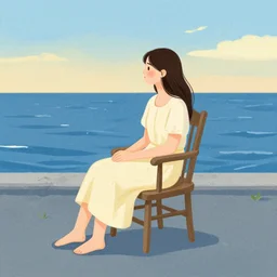 patterned illustration a thoughtful girl is sitting in a chair in the middle of the ocean by wenjun lin