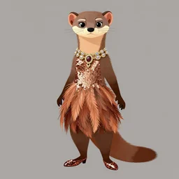 detailed flat 2 d : female marten character : wearing jewelry : wearing sequins feathers dress : head legs : sequins shoes : lorax movie : artstation