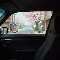 fuji 5 0 r, 3 5 mm ; film still of syd mead car interior with front seat side window view ; in background a projection of beautiful hyperrealistic film still from sakura tokyo ( 1 9 9 0 ) still life scene directed by wes anderson with a street in style of 1 9 9 0 s frontiers in miniature porcelain kintsugu design magazine seinen manga edition, real - life seinen manga porcelain sci - fi font izakaya sign, highly detailed, cinematic lighting, 8 k