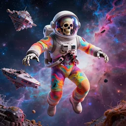 a psychedelic cosmonaut skeleton tearing his suit off, rainbow melting color scheme, floating in the cosmos nebula, glass space helmet, in front of a destroyed retrofuturism spaceship, Beksinski, Greg Hildebrandt, 8k highly detailed ❤️‍🔥 🔥 💀 🤖 🚀