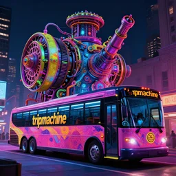 photo of a futuristic nightliner tourbus outside in new york at night, printed band name on the nightliner is tripmachine, realistic digital art, textured with a 3 d render of a huge futuristic steampunk generator, 8 k, fluorescent colors, halluzinogenic, multicolored, exaggerated detailed, unreal engine