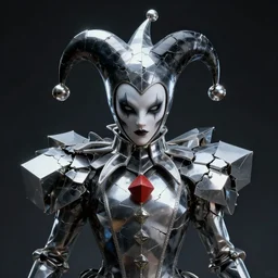 front shot of a court jester character ominous fractal hyper cubes platinum cracked dark future realistic galactic fluid edges poly elegant detailed concept artstation sharp focus ray tracing cinematic masterpiece fine portrait