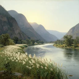 hudson river school painting, naturalism, great river, Phragmites, steep mountains on the left, idyll, sun behind the mountains, epic, 4k