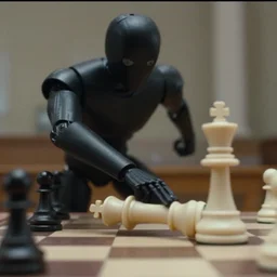 an 8 0 s action film still of a humanoid black chess pawn killing a white chess king. action scene. vhs.