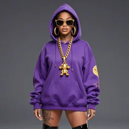 Violet Parr full body wearing designer hoodie as doja cat as cardi b wearing gold chain and sunglasses and gold hoop earrings by greg rutkowski by artgem trending on artstation hero concept art