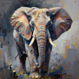 abstract painting of an angry elephant, artwork by fujita, goro,