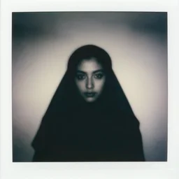 photorealism, polaroid, black and white, female silhouette, correct facial features, black veil, noise, out of focus, long exposure