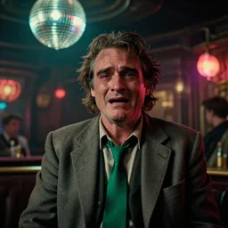the medium shot of crying old unkempt drunkard ( ( ( ( ( ( joaquin phoenix ) ) ) ) ) ) with sideburns worn in the old grey jacket with emerald tie on the scene in steampunk bar, movie with the cinematography of christopher doyle, neon lighting reflecting from a disco ball, anamorphic lens, optical flares, award - winning photo, masterpiece, 8 k