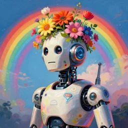 a dramatically lit brightly colored detailed painting of a robot with flowers growing out of its head with a rainbow background, digital art