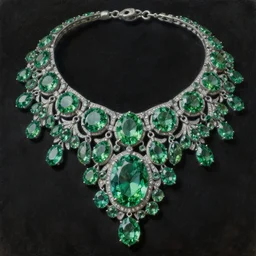 highly detailed oil painting, very realistic gemstones, top view, symetrical, art nouveau, ornate, delicate, brilliant green gemstone necklace, dramatic light,