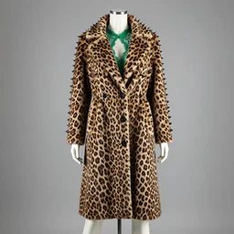 photograph of female mannequin wearing a Long Leopard coat with black leather spikes and green lace , studio lighting