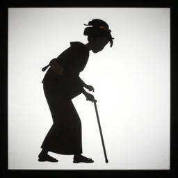 back lit paper cut shape shadows on white screen of an old japanese edo period woman walking bent over with a cane, backlit,